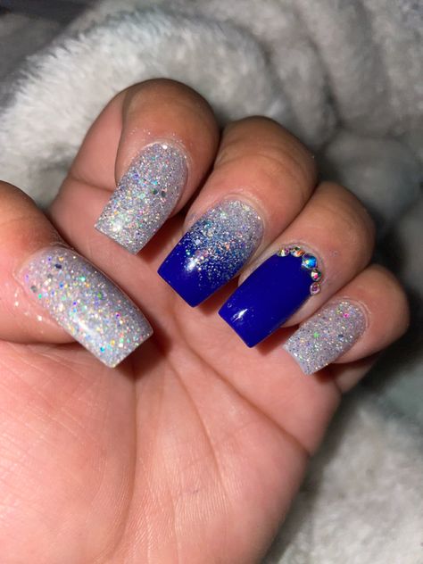 Royal Blue Nails With Rhinestones, Nail Ideas Royal Blue, Oilers Nails, New Years Nails Blue, Dallas Nails, Homecoming Nail Ideas, Hanukkah Nails, Cowboys Nails, Royal Blue Nails Designs