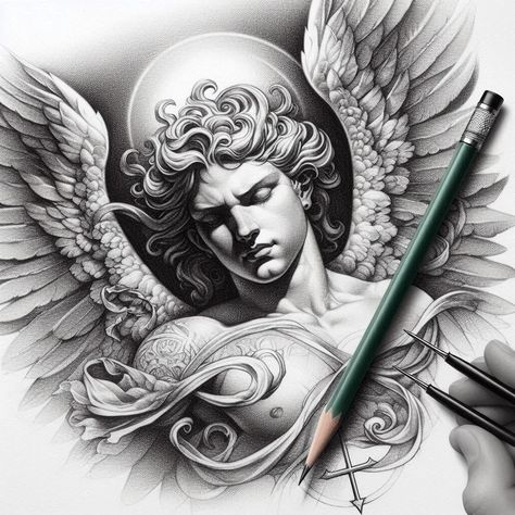 Angel Face Tattoo, Eros Tattoo, Angel Drawing Sketches, Dragon Koi Tattoo Design, Cool Girl Drawings, Atrapasueños Tattoo, Angel Back Tattoo, Angel Sculpture Art, Archangel Tattoo