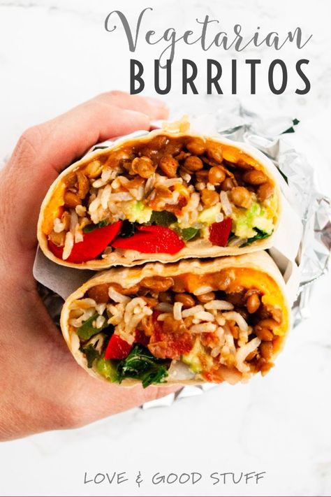 Burrito Vegetarian, Vegetarian Burrito Recipe, Lentils And Kale, Vegetarian Burritos, Good Protein Foods, Fajita Veggies, Lentils Rice, Vegetarian Burrito, Spiced Lentils