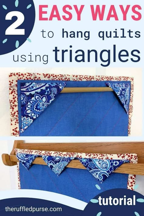 Many would argue that triangle hanging corners is the best way to hang a quilt on the wall. Quilt hanging corners do work great for small quilts but there is another way to use triangles to hang quilts on the wall and display your medium and full-size quilts. Learn two quilt hanging ideas you can DIY with triangles and the different ways to attach them to your quilt. Quilt Wall Hangers, Triangle Quilt Tutorials, Quilted Wall Hangings Patterns, Quilt Hanging, Quilt Corners, Quilt Hangers, Quilt Rack, Hanging Quilts, Hanging Ideas