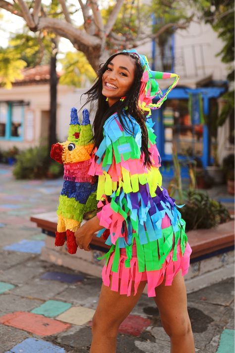 This multicolor pinata women’s Halloween costume dress is the perfect all-in-one party outfit. Instantly become the life of the party in this colorful costume, just watch out for sticks! #women #halloween #halloween_costumes_that_are_cool Flamingo Costume Womens Homemade, Womens Unique Halloween Costume, Halloween Adult Women Costumes, Mexican Fiesta Party Costumes, Womens Cheech Costume, Party Planner Costume, Hilarious Adult Costume, Womens Present Costume, Life Size Costume