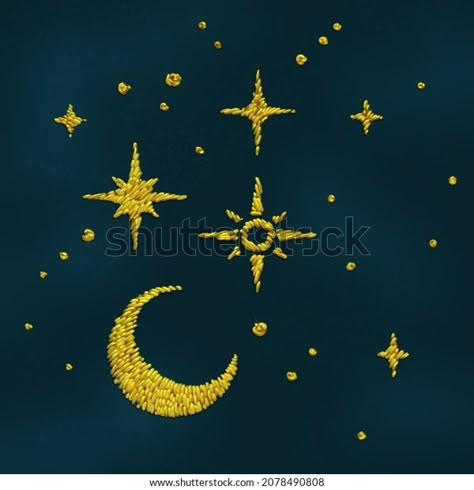 Stars Embroidery Design, Night Sky Embroidery Pattern, Moon And Stars Embroidery Design, Embroidered Night Sky, Milky Way Embroidery, Moon And Stars Embroidery Pattern, Moon Embroidery Ideas, Converse Embroidery Stars, Embroidery Designs Stars