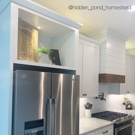 Kitchen Cabinets Above Fridge, Cabinets Above Refrigerator Kitchen, Open Cabinet Over Refrigerator, Open Space Above Kitchen Cabinets Decorating Ideas, Space Above Refrigerator Farmhouse, Open Cabinet Above Fridge, Gap Above Refrigerator, Open Cabinets Above Refrigerator, How To Fill Space Above Fridge