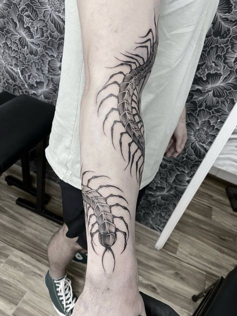 Centepide Tattoo Leg, Centipede Leg Tattoo, Centepide Tattoo Arm, Centapeid Tattoo Design, Wrap Arm Tattoo, Centipede Aesthetic, Centipede Tattoo Design, Centipede Tattoo, Rad Tattoos