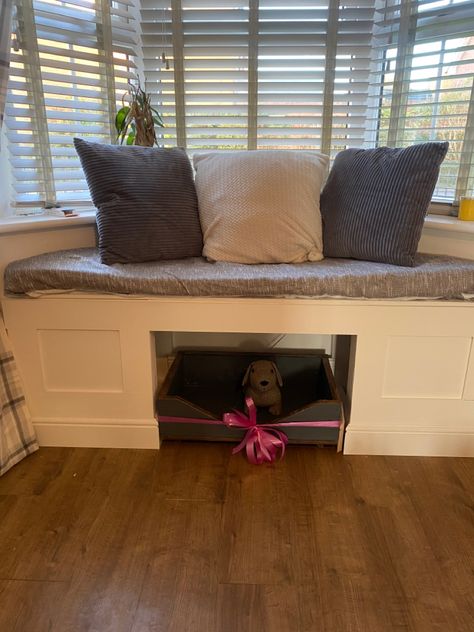 #baywindow #dogbed #windowseat #livingroomideas Dog Bed Under Window Seat, Bay Window Dog Bed Built Ins, Dog Bed By Window, Window Seat Dog Bed, Bay Window Dog Bed, Dog Window Seat, Reading Nook Window Seat, Built In Dog Bed, Reading Nook Window