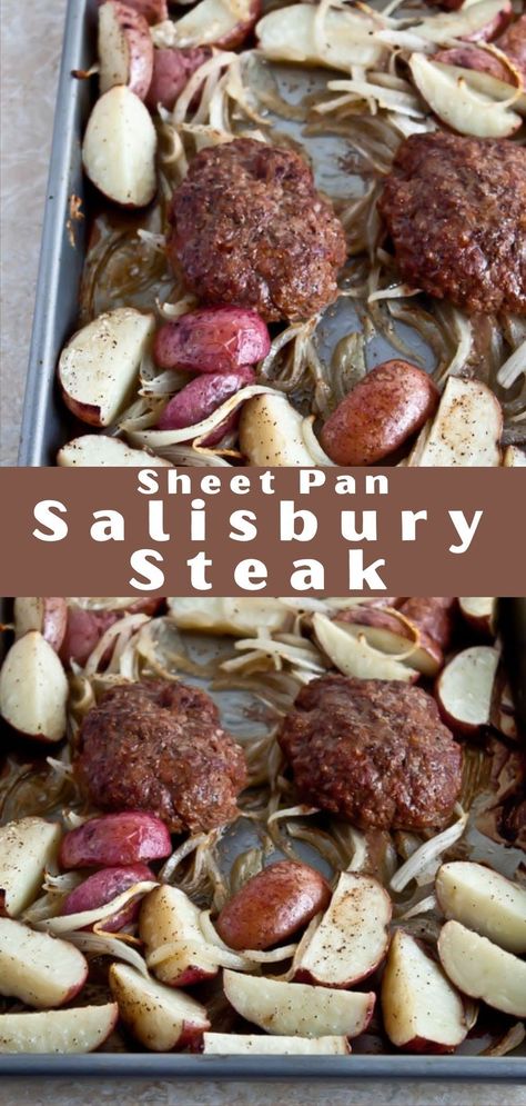 Baked Salisbury Steak Oven, Sheet Pan Hamburger Steak, Salisbury Steak Oven, Ground Beef Sheet Pan Dinners, Oven Baked Salisbury Steak, Oven Salisbury Steak, Salisbury Steak Recipe Oven, Baked Salisbury Steak Recipe, Salisbury Steak Easy