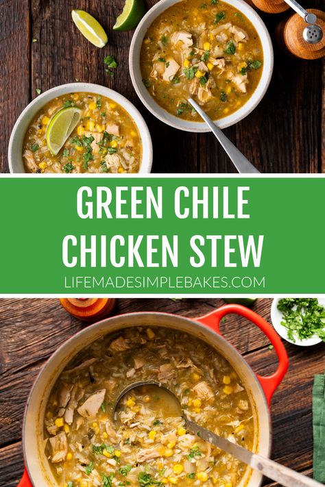 This bold and flavorful Green Chile Chicken Stew is ready to go in just 1 hour! It's loaded with shredded chicken, fresh corn, rice and of course, hatch chiles! Green Chile Chicken Stew, Green Chili Soup, Hatch Chili Recipes, Green Chili Stew, Chili Stew, Green Chile Stew, Chicken Stew Recipe, Green Chile Recipes, Green Chili Recipes