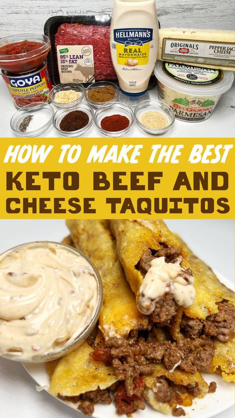 Keto Beef and Cheese Taquitos (4G of Net Carbs) You won't miss the tortillas at all with these crunchy taquitos! We melt 2 kinds of cheese till crispy then roll delicious taco meat up inside and dip them in spicy chipotle mayo! Yum! Plus, how fun is it to say "Keto Taquito!" https://ketoniafoods.com/recipes/how-to-make-the-best-keto-beef-and-cheese-taquitos Steak And Cheese Taquitos, Beef And Cheese Taquitos, Cheese Taquitos, Taquitos Beef, Southwestern Recipes, Beef Round, Keto Beef, Keto Tortillas, Lectin Free