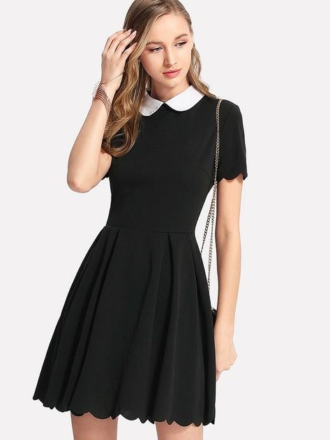 Peter Pan Collar Scalloped Edge Flare Dress | SHEIN USA Constellation Aesthetic, Collared Dresses, Peter Pan Dress, Pan Collar Dress, Plum Dress, Mother Dresses, Peter Pan Collar Dress, Pan Collar, Peter Pan Collar