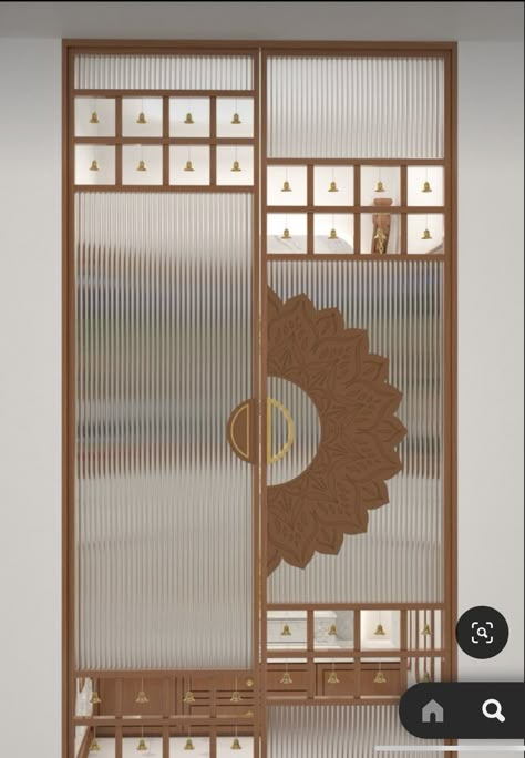 Fluted Glass Pooja Room Door, Glass Etching Designs For Pooja Room, Fluted Glass Pooja Door, Puja Unit Door Designs, Mandir Shutter Design, Pooja Room Glass Door Design Modern, Puja Room Door Design Indian Modern, Latest Pooja Room Door Designs, Pooja Unit Door Design