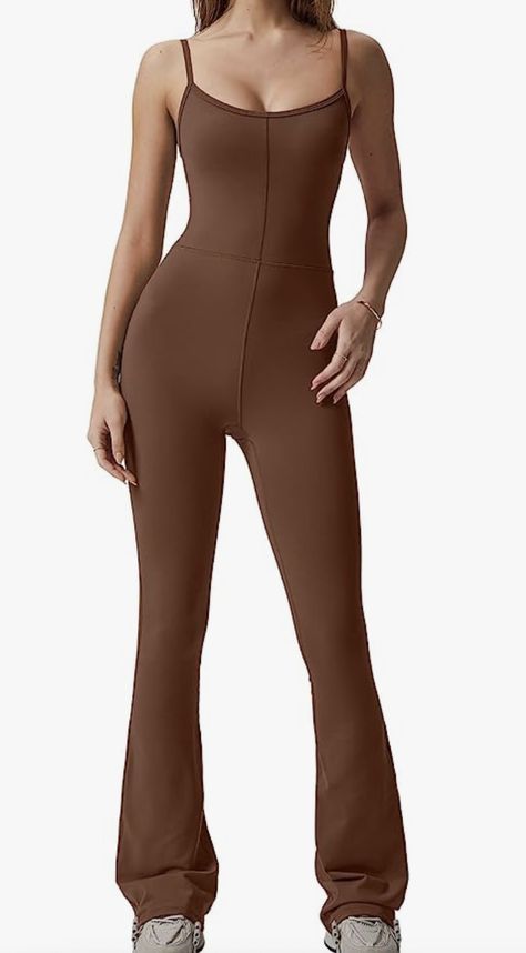 QINSEN Flare Jumpsuits for Women Spaghetti Straps Scoop Neck Bodycon Full Length Casual Unitard Playsuit Brown Unitard Outfit, Unitard Outfit, Outfit With Uggs, Flare Jumpsuit, Jumpsuit Outfit, Dance Costumes, Playsuit, Jumpsuits For Women, Shoes Jewelry