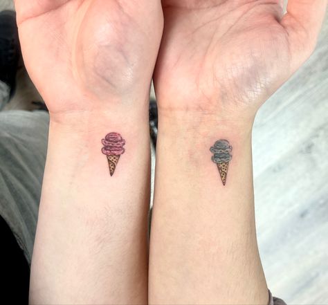 Tattoo Ice Cream Cone, Ice Cream Sundae Tattoo, Ice Cream Cone Tattoo, Pastry Tattoo, Ice Tattoo, Bubble Gum Ice Cream, Ice Cream Tattoo, Partner Tattoos, Cream Tattoo