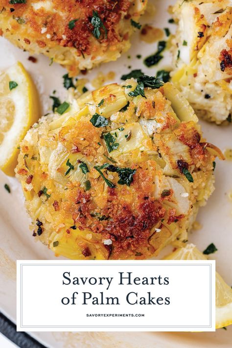 Heart Of Palm Crab Cakes, Heart Palm Recipe, Hearts Of Palm Recipes Vegan Fish, Palm Hearts Recipes, Heart Of Palms Recipes, Vegan Hearts Of Palm Recipes, Canned Artichoke Heart Recipes, Hearts Of Palm Fish, Palmini Recipes