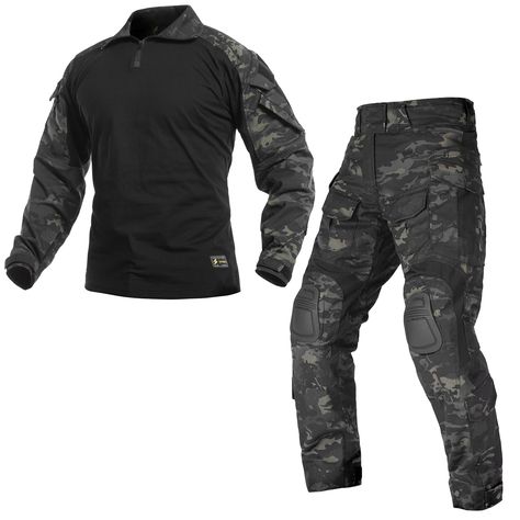 PRICES MAY VARY. High-Quality Material: Crafted from a blend of 50% cotton and 50% polyester fabric, our tactical combat uniforms boast exceptional tear resistance and elasticity. The premium YKK zipper ensures a smooth and snag-free experience. Experience lasting comfort and durability. Upgraded Design for Maximum Comfort: Building on the foundation of the previous model, we've enhanced the waist, knee, and crotch webbing with soft stretch nylon fabric. This modification allows for ease of move Black Tactical Vest, Durable Tactical Combat Boots In Gore-tex, Camouflage Clothing, Tactical Style, Tactical Uniforms, Military Black Outerwear For Hunting, Tactical Shirt, Combat Shirt, Combat Uniforms