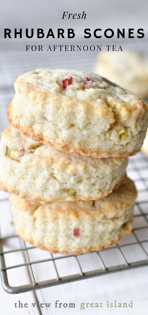 Rhubarb Scones ~ these pretty scones loaded with little bits of juicy rhubarb make a perfect breakfast or afternoon tea-time treat. #easy #recipe #scones #rhubarb #biscuit #breakfast #brunch #tea #baking #best #British #teatime #hightea #afternoontea #flakey #moist #mothersday Pretty Scones, Rhubarb Scones, Biscuit Breakfast, Baking Scones, Fresh Rhubarb, The View From Great Island, Rhubarb Desserts, Bakery Items, Rhubarb Recipes