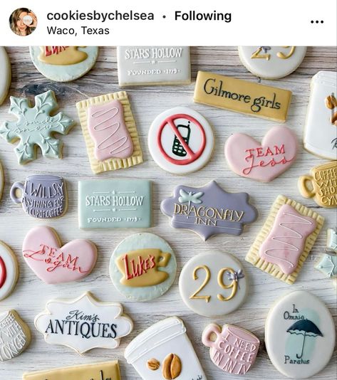 Gilmore Party Ideas, Gilmore Girls Party, Sugar Cookies With Royal Icing, Cookies With Royal Icing, Girls Party Decorations, Girl Bday Party, Birthday Inspiration, Gilmore Girl, Sugar Cookie Designs