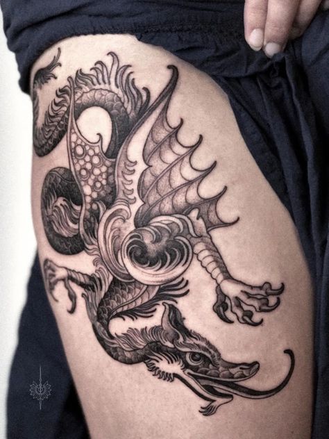 Tattoo uploaded by Tattoodo • Tattoo by Alena Zozulenko #AlenaZozulenkoo #illustrative #blackandgrey #dragon #medieval #mythicalcreature #creature • 1573946 • Tattoodo Medieval Dragon Tattoo, Heraldic Dragon, European Dragon, Dragon Medieval, Medieval Dragon, Book Tattoo, Tattoo Inspo, Dragon Tattoo, Mythical Creatures