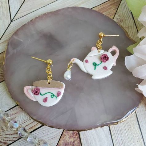 Whimsical Tea Party, Teapot Ideas, Teapot Earrings, Lavender Jewelry, Tea Earrings, Lavender Jewellery, Earrings Cottagecore, Valentine Earrings, Vintage Tea Set