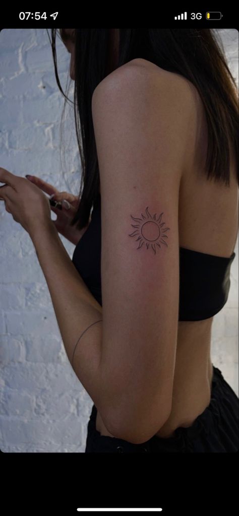 Small Minimalist Back Tattoo, Small Simple Arm Tattoos For Women, Sun Arm Tattoos For Women, Sun Tattoo Arm Half Sleeves, Parent Birthday Tattoos, Hip Sun Tattoo, Timeless Tattoo Ideas, Women Sun Tattoo, Tattoo Inspo Women Arm