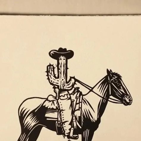 Nick Morley on Instagram: "A very old print - Cactus Cowboy. Cowboys have been a recurring theme in my work over the years. This one was made for a box set.  #linocut #cowboy #cactus #printmaking" Cowboy Cactus, Relief Printmaking, Illustration Inspiration, Lino Print, Box Set, Linocut, A Box, Printmaking, Instagram A