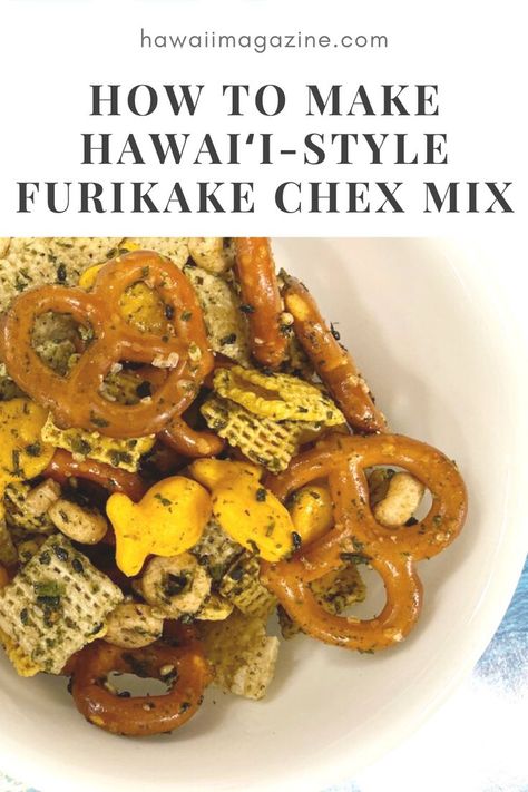 How to make this satisfying—and utterly addictive—local snack. #chexmix #hawaiirecipe #holidayrecipe #holidaybaking #hawaii #hawaiifood Hawaiian Snack Ideas, Hawaiian Chex Mix Recipes Sweet, Furikake Chex Mix Recipes, Chex Mix Hawaiian Style, Healthy Hawaiian Haystacks, Chow Fun Recipe Hawaiian, Best Furikake Chex Mix Hawaii, Chex Mix Ingredients, Hawaii Snacks