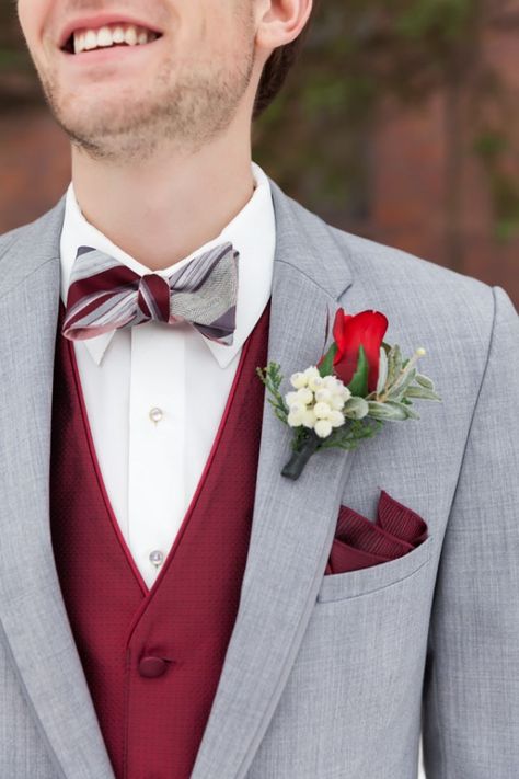 Red Rose Boutonniere, White Tuxedo Wedding, Winter Wedding Red, Maroon Suit, White Tux, Wedding Tux, Light Grey Suits, Maroon Wedding, Rose Boutonniere