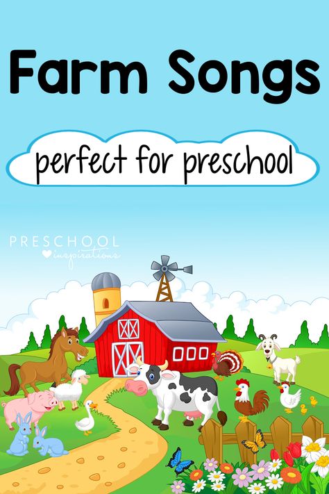 a cartoon red barn with farm animals and the text 'farm songs perfect for preschool' Circle Time Songs For Preschool, Farm Animal Songs, Farm Theme Preschool Activities, Songs For Preschool, Farm Activities Preschool, Farm Songs, Preschool Music Activities, Farm Animals Preschool, Farm Lessons