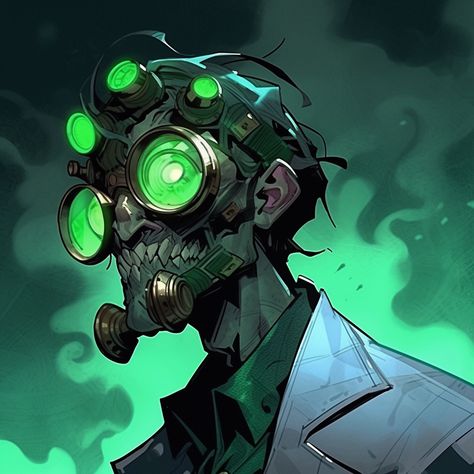 Ecopunk Character Design, Dnd Mad Scientist Art, Mad Scientist Character Art, Evil Scientist Art, Radioactive Character Design, Biopunk Character Art, Evil Scientist Character Design, Cyberpunk Scientist, Mad Scientist Art