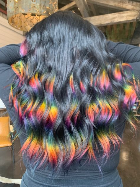 Dark Hair Rainbow Highlights, Peak A Boo Rainbow Hair Color, Black Hair With Rainbow Streaks, Dark Brown Rainbow Hair, Prism Highlights Black Hair, Black With Rainbow Hair, Dark Brown Hair With Rainbow Highlights, Black Hair With Vivid Highlights, Rainbow Highlights Black Hair