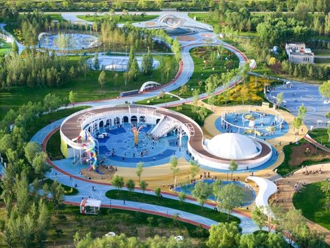 PLAT ASIA studio has completed a sports park in Ordos, in China’s Kangbashi district, that formally mimics deserts, steppes and rivers found in the region. Playgrounds Architecture, Commercial Playground Equipment, Children Hospital, Sport Park, Sustainable City, Sports Complex, Public Park, Parking Design, Playground Equipment