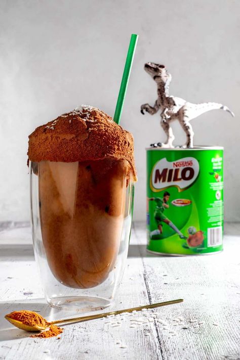 Milo Dinosaur Recipe - Cold Malted Drink with Condensed Milk Milo Milk, Milo Dinosaur, Milo Drink, Milo Recipe, Chocolate Cake Shot, Drinks For Christmas, Mango And Strawberry, Nutella Milkshake, Festive Holiday Drinks