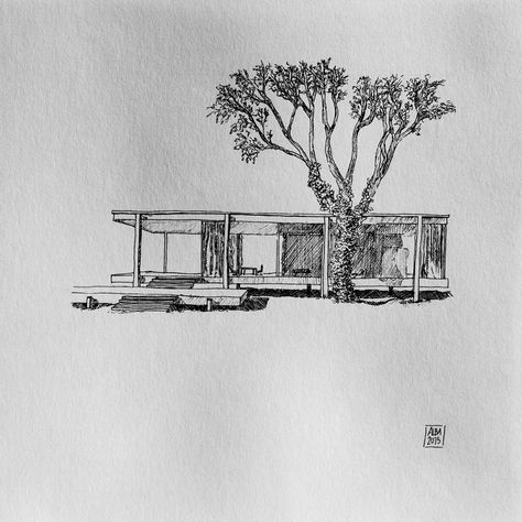 Architectural House Sketch, Medium Density Housing, Architectural House Drawing, Farnsworth House Drawing, Farnsworth House Sketch, Porch Drawing, House Sketch Architecture, Sketches House, Buildings Sketch Architecture