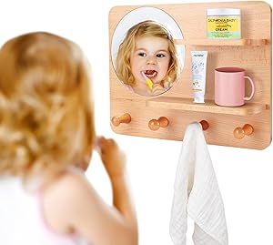 Odorless Beech Wood and Acrylic Wall Mirror for Kids with Hooks and Shelf, Baby Safety Shatterproof Entryway Entryway Mirror with Hooks for Home Classroom Bathroom Toddler Mirror Station, Entryway Mirror With Hooks, Mirror For Kids, Mirror With Frame, Classroom Bathroom, Baby Mirror, Home Classroom, Children Room Boy, Wall Mirror With Shelf