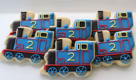 Train Birthday Cookies Decorated, Train Birthday Cookies, Train Sugar Cookies, Thomas Birthday Cakes, Shared Birthday Parties, Thomas Train Birthday, Train Theme Birthday Party, Train Cookies, Thomas Birthday Parties