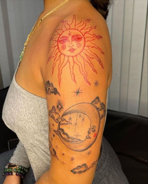 Small Tat Ideas For Women, Arm Tattoos For Women Spiritual, Red Sun Shoulder Tattoo, Spiritual Sleeve Tattoos For Women, Baddie Tats Arm, Unique Half Sleeve Tattoos, Earthy Tattoos, Arm Sleeve Tattoos For Women, Cute Hand Tattoos