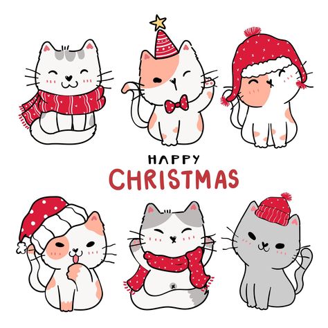 lindo gatito de dibujos animados gato set feliz navidad Christmas Card Stock, Christmas Card Illustration, Christmas Graphic Design, Xmas Greeting Cards, Xmas Greetings, Christmas Kitten, Kawaii Christmas, Christmas Characters, Christmas Cat