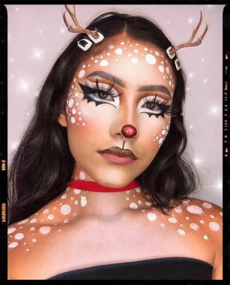 Christmas Deer Makeup, Christmas Fantasy Makeup, Rudolph The Red Nosed Reindeer Makeup, Rudolf Makeup, Reindeer Makeup Simple, Rudolph Makeup, Reindeer Makeup, Xmas Makeup, Deer Makeup