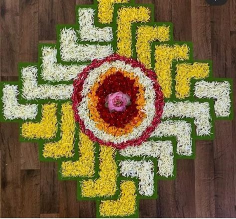 Flower Diya Rangoli, Rangoli Designs With Flowers Petals, Flower Rangoli Designs, Onam Pookalam, Simple Flower Rangoli, Diya Rangoli, Rangoli Designs Simple Diwali, Diy Floral Decor, Easy Rangoli Designs Diwali