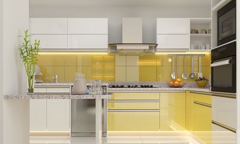 Modular Kitchen Design Yellow, Grey And Yellow Kitchen, Coloured Kitchen Cabinets, Yellow Kitchen Tiles, Coloured Kitchen, White Kitchen Floor, Yellow Kitchen Designs, Yellow Kitchen Cabinets, Modular Kitchen Ideas