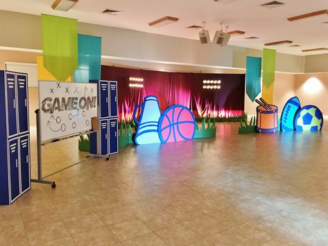 Choose a vibrant but coordinated color scheme to tie your Game On stage together! #vbs2018 #reachflorida Sports Stage Design, Sports Event Decoration Ideas, Sports Vbs Decorations, Sports Theme Stage Decor, Vbs Sports Theme, Game Show Stage Design, Game On Vbs Decorations, Vbs Decorating Ideas, Sports Day Decoration