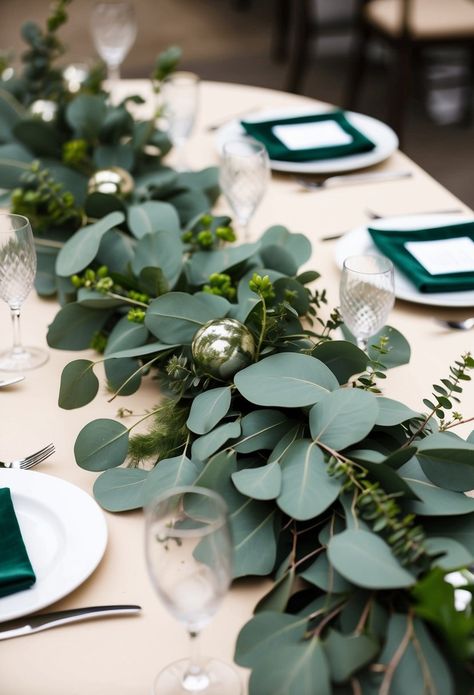 I love using eucalyptus garlands as centerpieces for olive-green weddings. They add a fresh, natural touch to tables. I often mix different types of eucalyptus for variety. Silver dollar eucalyptus has round leaves, while seeded eucalyptus has small berries. Eucalyptus Table Garland, Eucalyptus Wedding Colors, Olive Green Wedding Theme, Green Wedding Theme Ideas, Green Wedding Theme, Olive Green Wedding, Types Of Eucalyptus, Eucalyptus Centerpiece, Olive Green Weddings