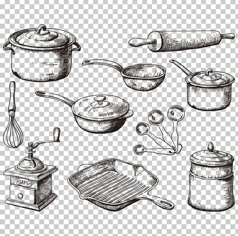 Pan Illustration Cooking, Cooking Pot Illustration, Cooking Pot Drawing, Frying Pan Tattoo, Frying Pan Illustration, Kitchen Utensils Drawing, Tats Inspiration, Pan Drawing, Utensils Drawing