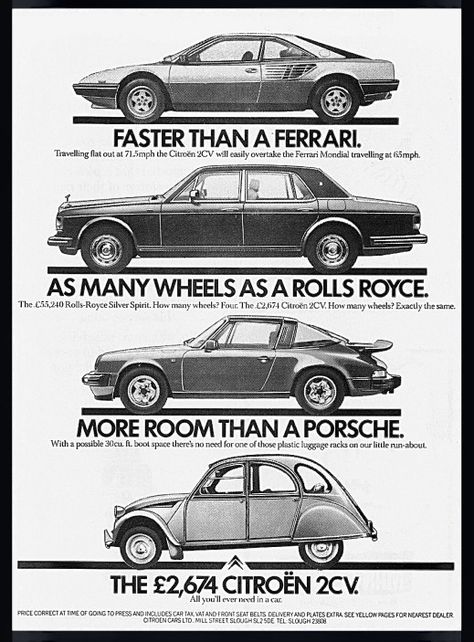 Funny Citroen 2CV Comparison to other cars #ferrarimondial #rollsroycesilverspirit #porsche911 #citroen2cv #citroen #2cv #citroën Rolls Royce Silver Spirit, Ferrari Mondial, Car Advertisement, Types Of Cars, Psa Peugeot Citroen, Citroen Car, Porsche Classic, Vw Porsche, Porsche Carrera