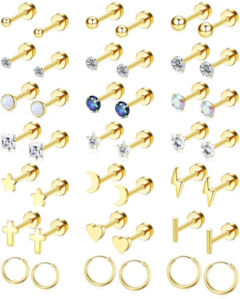 PRICES MAY VARY. Earring Sets for Multiple Piercing: Earring pack for women includes 21 pairs gold earrings. There are cz, ball, fake opal, heart, cross, bar, moon, star, lightning bolt gold stud earrings and gold hoop earrings, so many cute earrings to choose from and match for multiple piercings. Small Earrings: 20g small stud earrings, 6mm wearable earring post length, 4mm flat back. 18g small hoop earrings, 8mm/10mm/12mm hoop earrings inner diameter, little stud and hoop earrings are light w Earrings Cartilage, Helix Piercing Jewelry, Earrings Sets, Bone Earrings, Flat Back Earrings, Body Jewelry Piercing, Small Hoop Earrings, Helix Earrings, Hoop Earring Sets