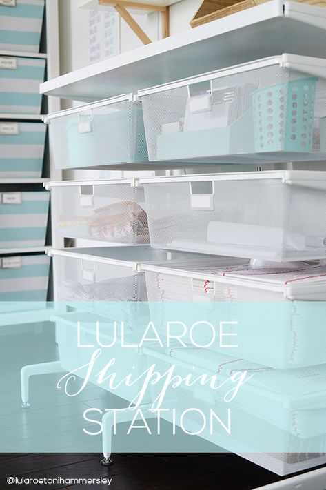 My LuLaRoe Room & Shipping Station | A Bowl Full of Lemons Lularoe Room, Shipping Station, Home Business Organization, A Bowl Full Of Lemons, Bowl Full Of Lemons, Narrow Bookshelf, Office Design Trends, Elfa Shelving, Messy Closet