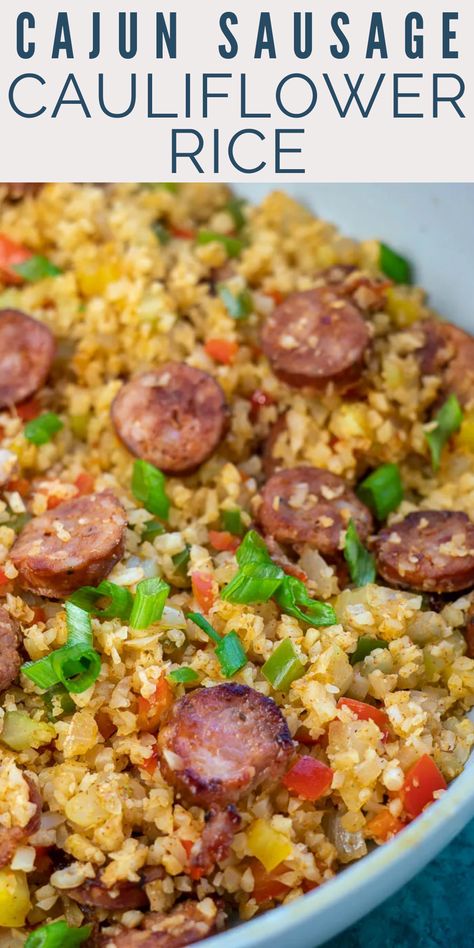 This easy Cajun Sausage Cauliflower Rice is a one pan dish packed with vegetables that is ready in less than 20 minutes! Cajun Cauliflower Rice, Cajun Cauliflower, Cauliflower Rice Easy, Easy Cajun, Cajun Sausage, Frozen Cauliflower Rice, Cauliflower Rice Recipes, Diner Recept, Diet Breakfast