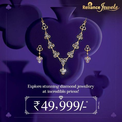 Get a drop-dead gorgeous look with this splendid diamond jewellery from our #OMGDiamondDelights collection, which is created to fulfil every girl’s diamond dreams at a fantastic price. Steal this diamond jewellery deal! Get this marvellous necklace set for only ₹49,999/-* Hurry! Visit your nearest Reliance Jewels showroom to check out our magnificent collection today. *T&C Apply #RelianceJewels #BeTheMoment #OMGDiamondDelights #DiamondJewellery Reliance Jewels, Gold Jewellery Design Necklaces, Drop Dead, Jewelry Design Necklace, Gold Jewellery Design, Diamond Jewellery, Jewellery Design, Gold Jewellery, Every Girl