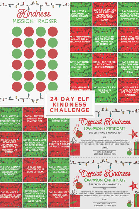 24 Day Elf Kindness Challenge Printable: Includes a Kindness Mission Tracker with red and green circles, daily kindness tasks in red and green boxes, and an Official Kindness Champion Certificate. A fun and festive way to encourage good deeds in kids throughout December. Elf On Shelf Acts Of Kindness, Elf On The Shelf Classroom Ideas Kindness Elves, Acts Of Kindness For Kids Christmas, December Kindness Calendar For Kids, Kindness Elf Printables Free, 25 Days Of Kindness Christmas Kids, Acts Of Kindness Elf On Shelf, 25 Days Of Kindness Christmas, Elf Acts Of Kindness For Kids