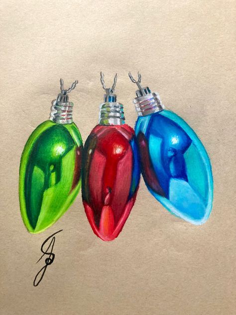 Realism Drawings Colored Pencils, Christmas Bulbs Drawing, Christmas Drawing Ideas Realistic, Christmas Realistic Drawings, Christmas Color Pencil Drawings, Christmas Drawings Realistic, Sketchbook Ideas Color Pencil, Colored Pencil Christmas Art, Christmas Colored Pencil Drawings