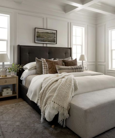 King Duvet Cover Master Bedrooms Layered, Master Bedrooms Decor Cozy Traditional, Tan And Gray Bedding, Dark Grey And Tan Bedroom, Neutral King Bedding, How To Layer Bedding Master Bedrooms, Taupe And Grey Bedroom, Gray And Brown Bedroom Ideas, Cream And Brown Bedroom